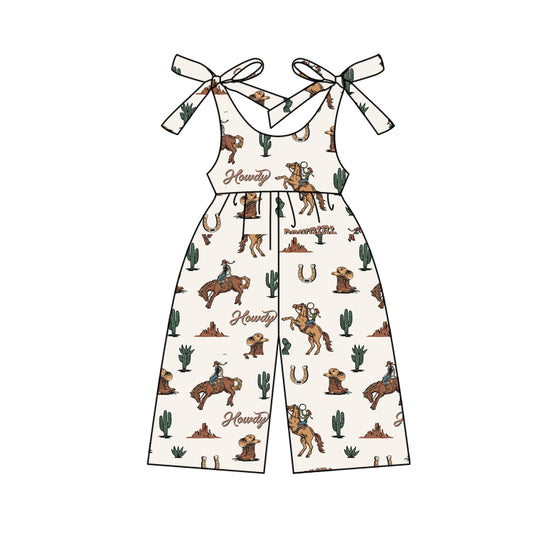(Pre-order)SR2969 Cowboy Howdy Brown Print Girls Summer Jumpsuits