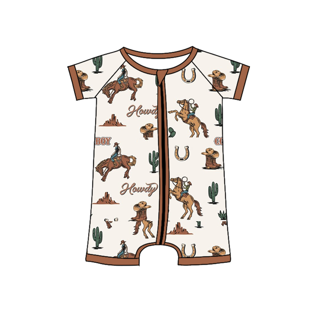 (Pre-order)SR2972 Cowboy Howdy Brown Print Baby Boys Summer Zipper Sleeper Romper