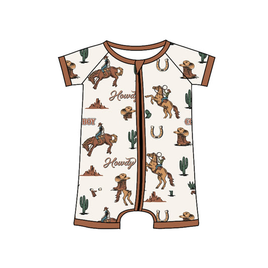 (Pre-order)SR2972 Cowboy Howdy Brown Print Baby Boys Summer Zipper Sleeper Romper