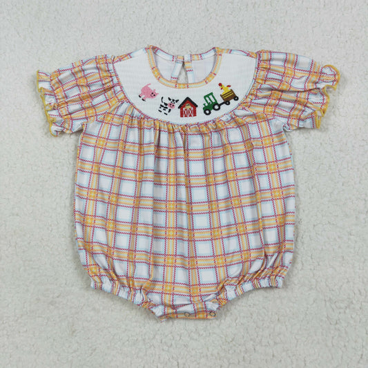 SR2982 Farm Animals Embroidery Plaid Baby Girls Smocked Bubble Romper