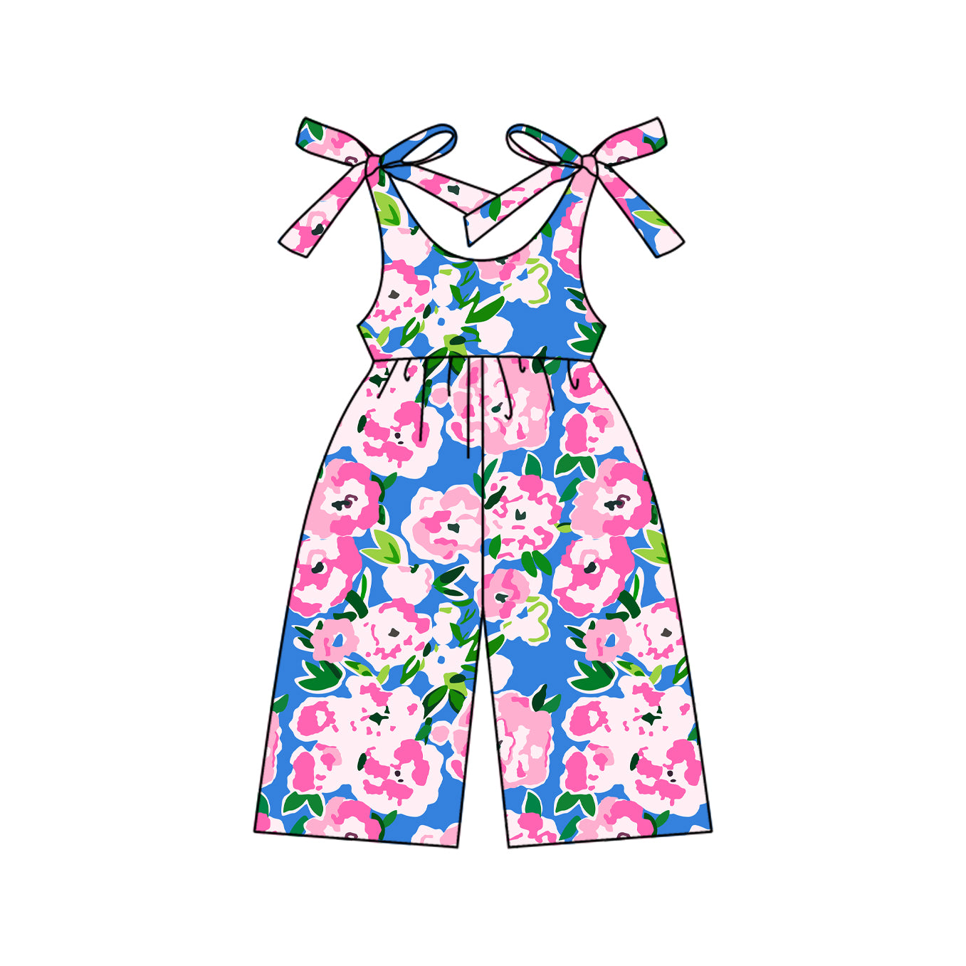 (Pre-order)SR2985 Pink Flowers Blue Print Girls Summer Jumpsuits