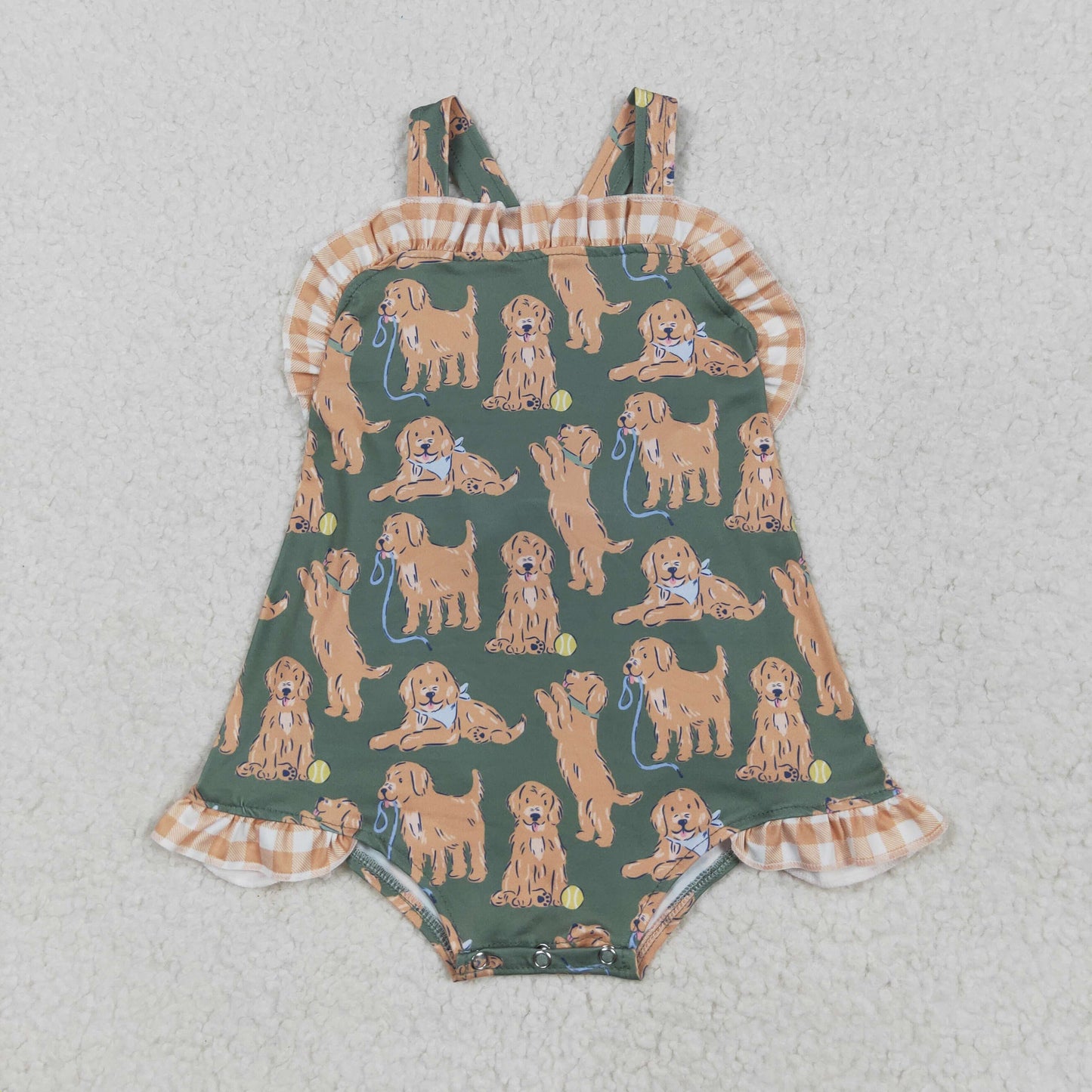 SR2986 Dog Plaid Print Baby Girls Summer Romper