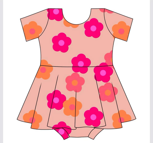 (Pre-order)SR3004 Hot Pink Flowers Print Baby Girls Summer Big Ruffle Romper