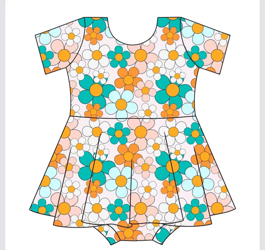 (Pre-order)SR3005 Green Flowers Print Baby Girls Summer Big Ruffle Romper
