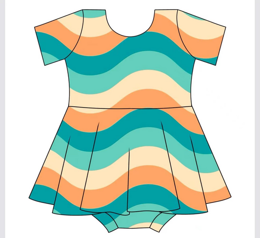 (Pre-order)SR3007 Colorful Wavy Pattern Print Baby Girls Summer Big Ruffle Romper