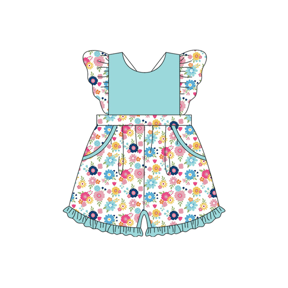 (Pre-order)SR2309 Colorful Flowers Print Girls Summer Jumpsuits