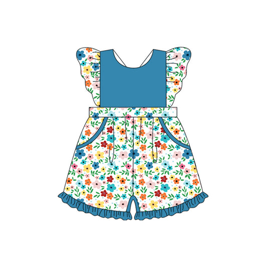 (Pre-order)SR2310 Colorful Flowers Blue Print Girls Summer Jumpsuits