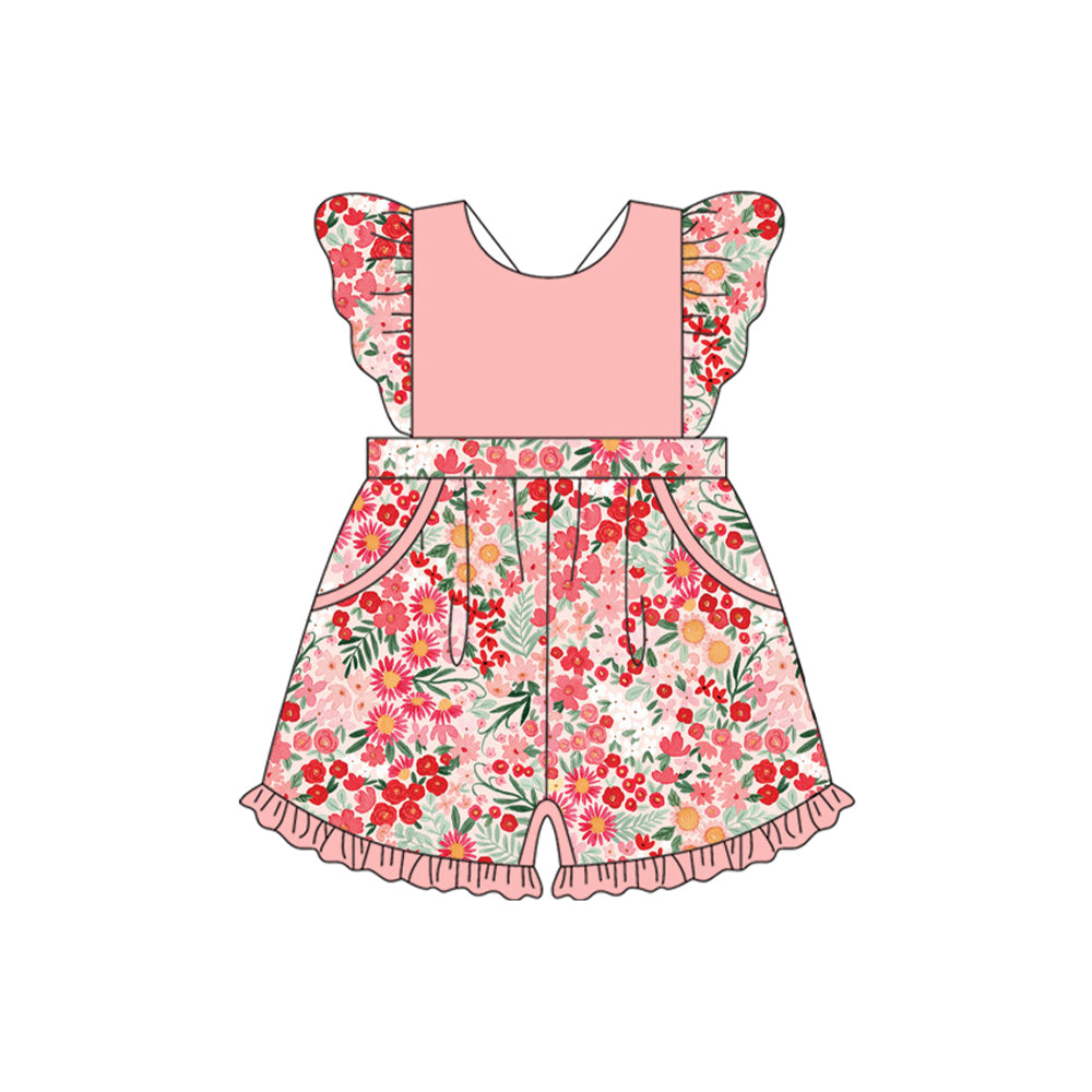 (Pre-order)SR2311 Pink Flowers Print Girls Summer Jumpsuits