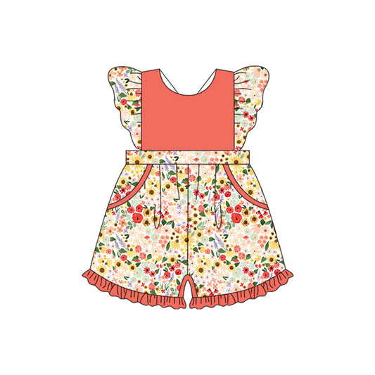 (Pre-order)SR3012 Colorful Flowers Orange Print Girls Summer Jumpsuits