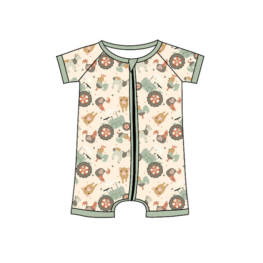 (Pre-order)SR3019 Farm Animals Tractors Print Baby Boys Summer Zipper Sleeper Romper