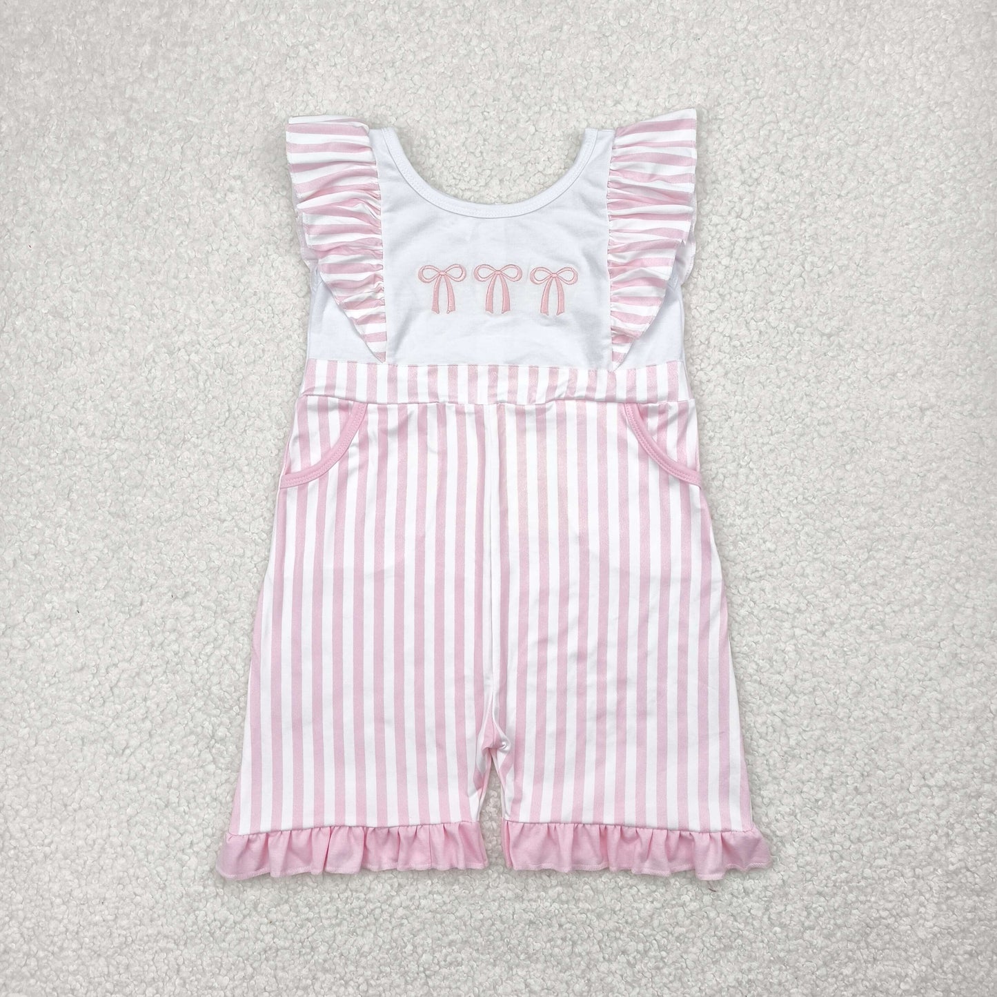 SR3025 Pink Bows Embroidery Stripes Pockets Girls Summer Jumpsuits
