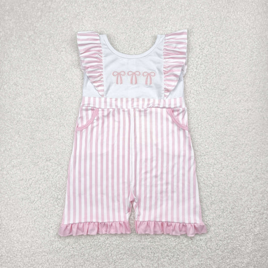 SR3025 Pink Bows Embroidery Stripes Pockets Girls Summer Jumpsuits
