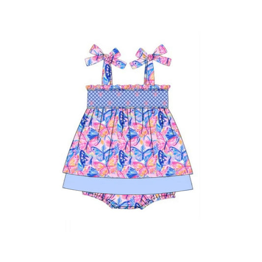 (Pre-order)SR3028 Butterfly Purple Print Baby Girls Summer Strap Romper
