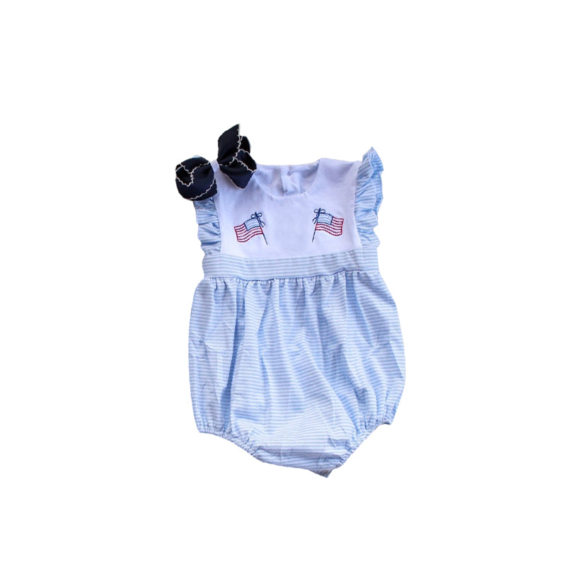 (Pre-order)SR3035 Flag Blue Stripes Print Baby Girls 4th of July Romper