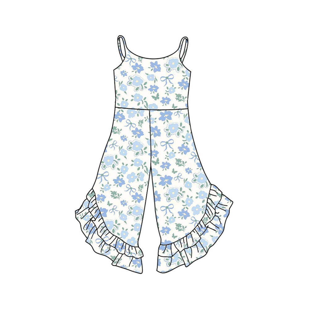 (Pre-order)SR3036 Blue Flowers Bows Print Girls Summer Jumpsuits