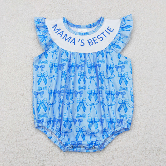 SR3039 MAMA'S BESTIE Blue Bows Print Baby Girls Summer Romper