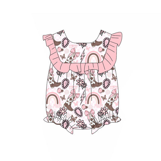 (Pre-order)SR3040 Butterfly Pink Bows Rainbow Print Baby Girls Summer Romper