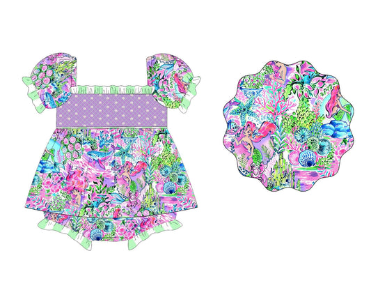 (Pre-order)SR3042 Mermaid Seaweed Flowers Print Baby Girls Summer Romper