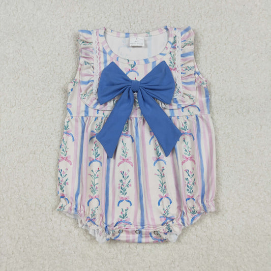 SR3045 Flowers Bows Stripes Print Baby Girls Summer Romper
