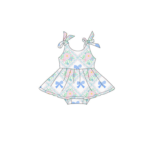 (Pre-order)SR3046 Pink Flowers Blue Bows Print Baby Girls Summer Romper