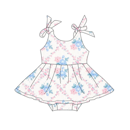 (Pre-order)SR3047 Pink Blue Flowers Print Baby Girls Summer Romper