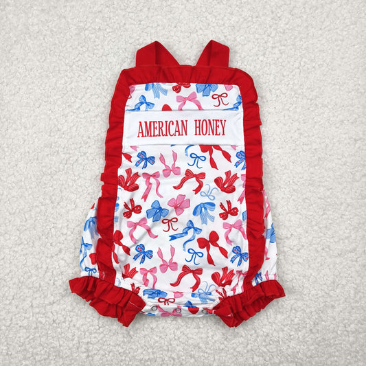 SR3048 AMERICAN HONEY Bows Print Baby Girls 4th of July Romper