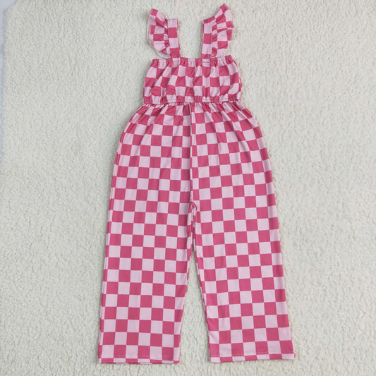 SR3050 Pink Plaid Print Girls Summer Jumpsuits