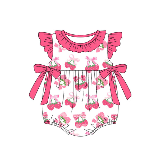 (Pre-order)SR3059 Strawberry Pink Bows Print Baby Girls Summer Romper
