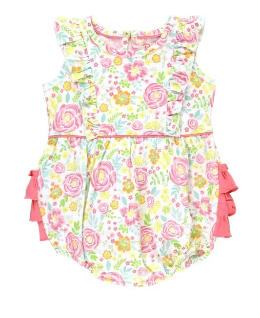 (Pre-order)SR3060 Colorful Flowers Print Baby Girls Summer Bubble Romper