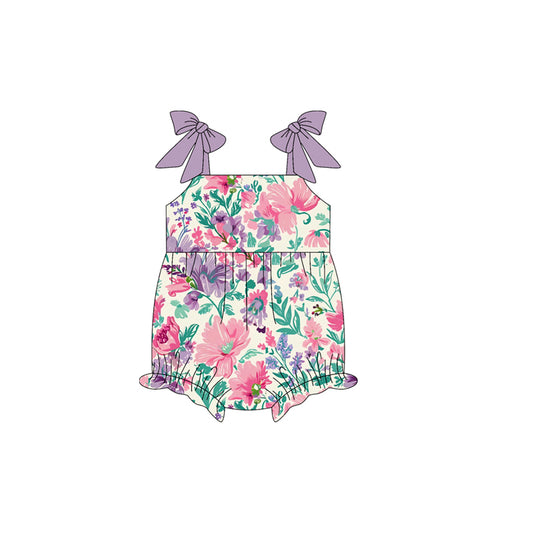 (Pre-order)SR3061 Purple Flowers Print Baby Girls Summer Romper