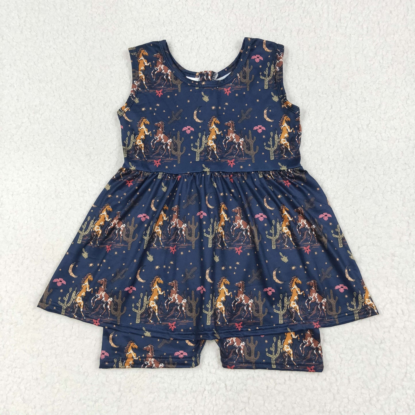 SR3071 Horse Cactus Navy Print Girls Summer Skirted Jumpsuits
