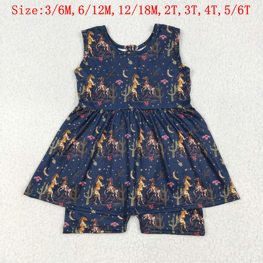 SR3071 Horse Cactus Navy Print Girls Summer Skirted Jumpsuits