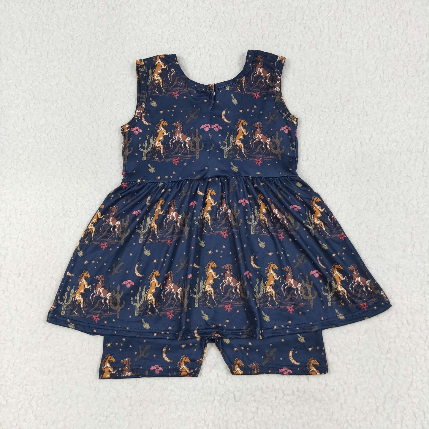 SR3071 Horse Cactus Navy Print Girls Summer Skirted Jumpsuits