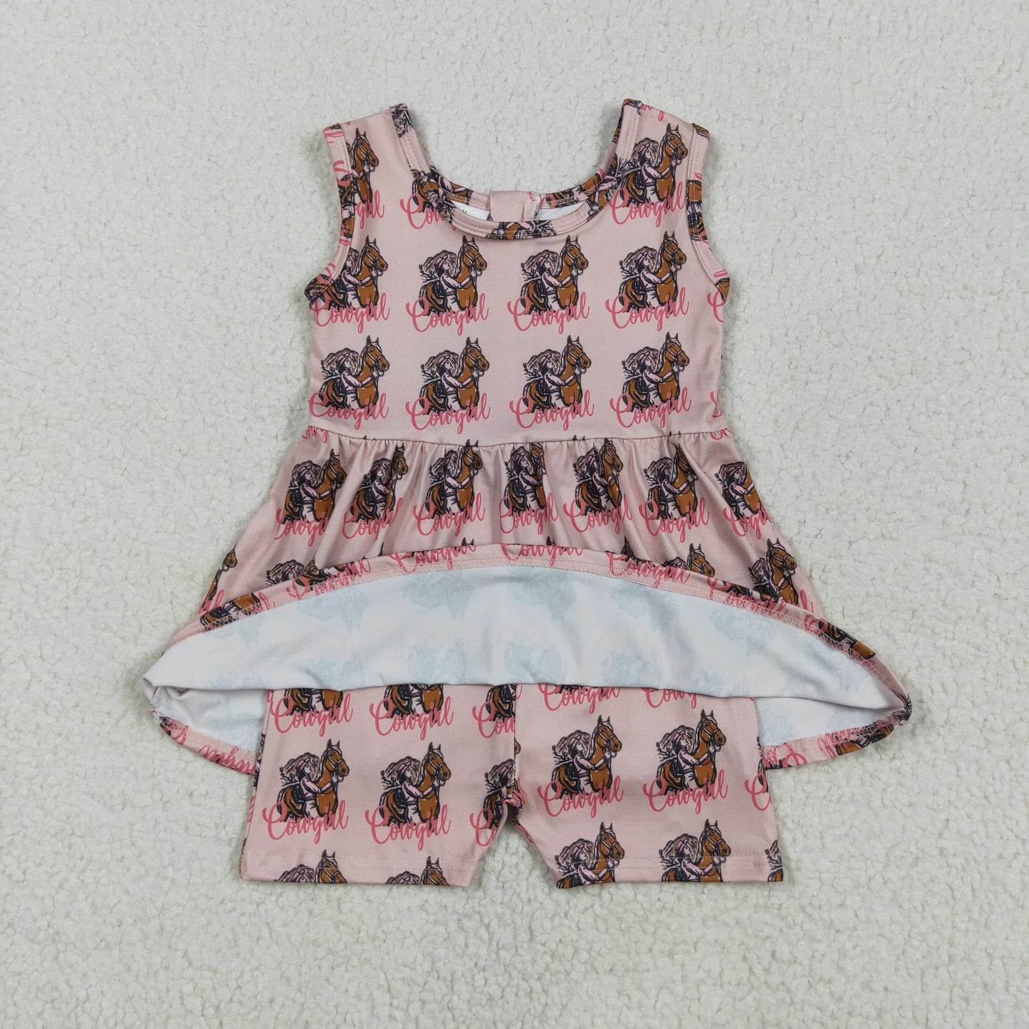 SR3072 Horse Cowgirl Print Baby Romper Girls Summer Skirted Jumpsuits