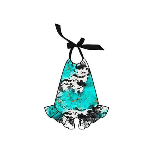 (Pre-order)SR3074 Cowhide Turquoise Western Print Baby Girls Summer Halter Romper