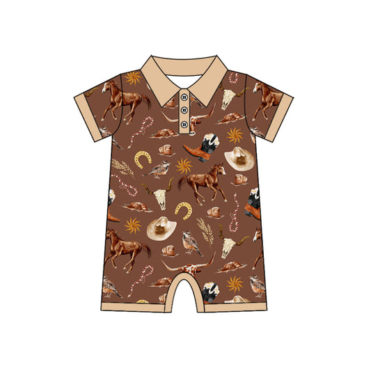 (Pre-order)SR3076 Horse Hat Western Brown Print Baby Boys Summer Romper