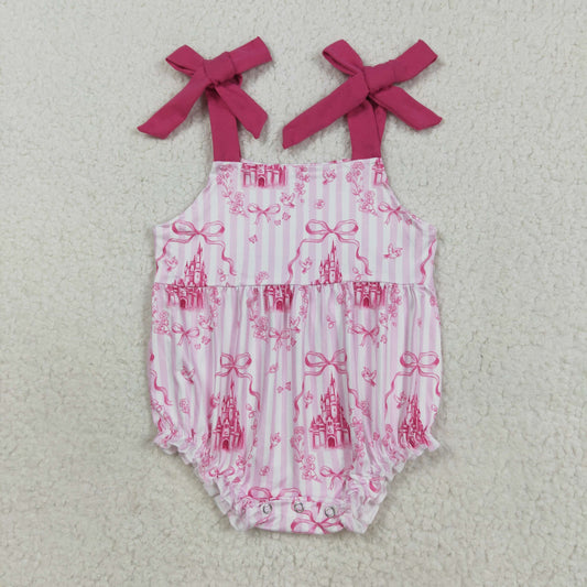 SR3077 Pink Castle Bows Print Baby Girls Summer Strap Romper