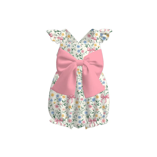 (Pre-order)SR3082 Colorful Flowers Print Pink Bow Baby Girls Summer Romper