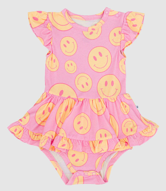 (Pre-order)SR3084 Smiling Face Pink Print Baby Girls Summer Skirted Romper