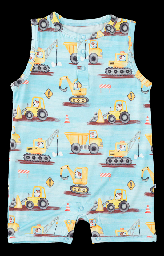 (Pre-order)SR3085 Construction Trucks Print Baby Boys Summer Romper