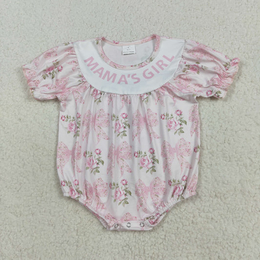 SR3087 MAMA'S GIRL Pink Flowers Bows Print Baby Girls Summer Romper
