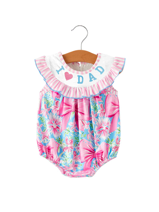 (Pre-order)SR3089 I LOVE DAD Pink Flowers Bows Print Baby Girls Summer Romper