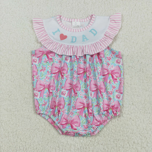 SR3089 I LOVE DAD Embroidery Pink Flowers Bows Print Baby Girls Summer Romper