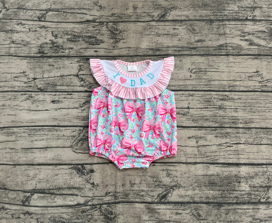 (Pre-order)SR3089 I LOVE DAD Pink Flowers Bows Print Baby Girls Summer Romper