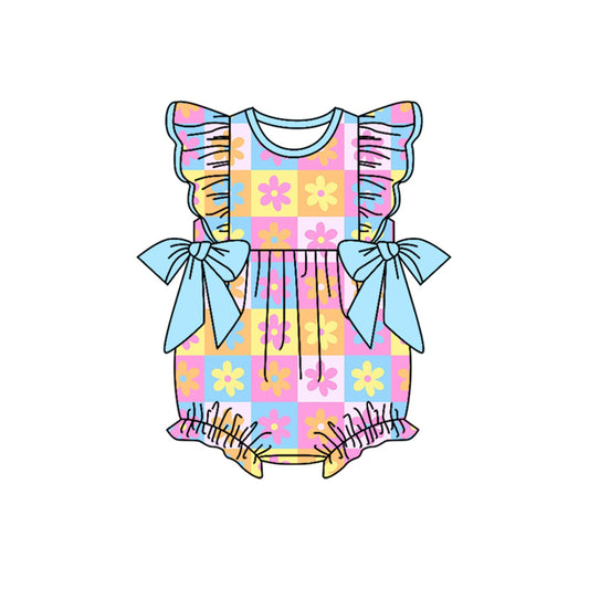 (Pre-order)SR3090 Flowers Colorful Plaid Print Baby Girls Summer Romper
