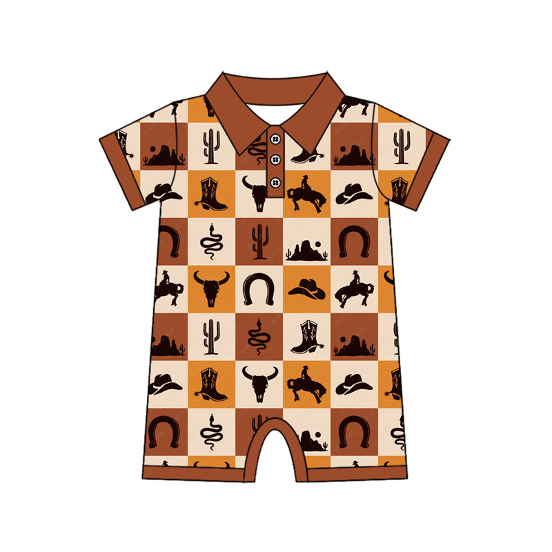 (Pre-order)SR3094 Cowboy Western Brown Print Baby Boys Summer Romper