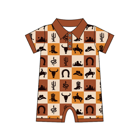 (Pre-order)SR3094 Cowboy Western Brown Print Baby Boys Summer Romper