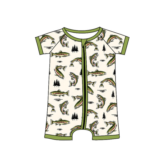 (Pre-order)SR3095 Fish Green Print Baby Boys Summer Romper