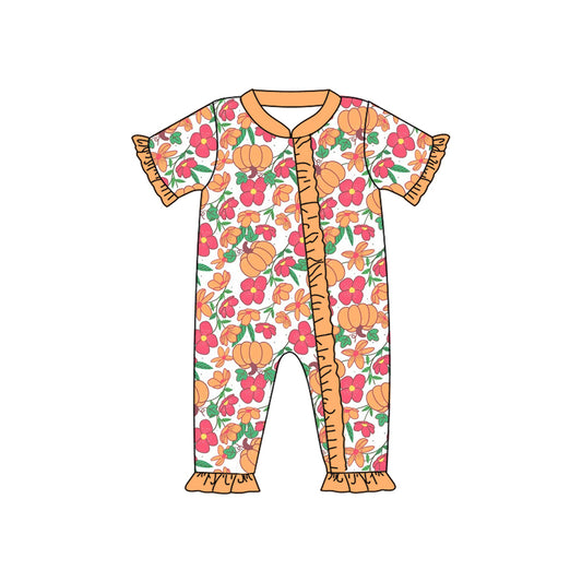 (Pre-order)SR3096 Pumpkin Flowers Print Baby Girls Zipper Sleeper Romper