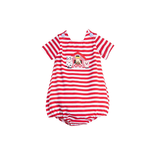 (Pre-order)SR3101 Farm Animals Red Stripes Print Baby Summer Romper